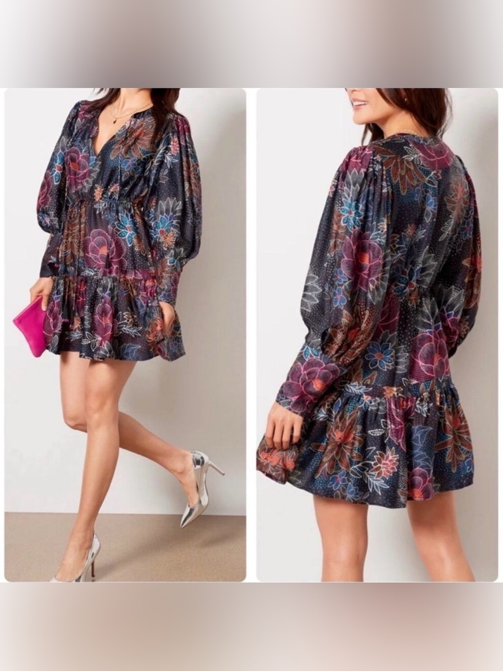 FARM Rio Black Multi Floral Tiered Mini Dress